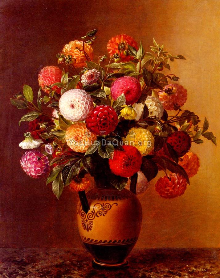 Still Life Of Dahlias In A Vase - 约翰·劳伦茨·延森